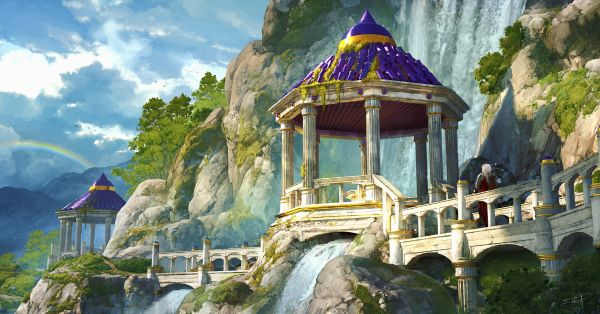 Max Suleimanov,digital art,fantasy art,waterfall,bridge,rainbows