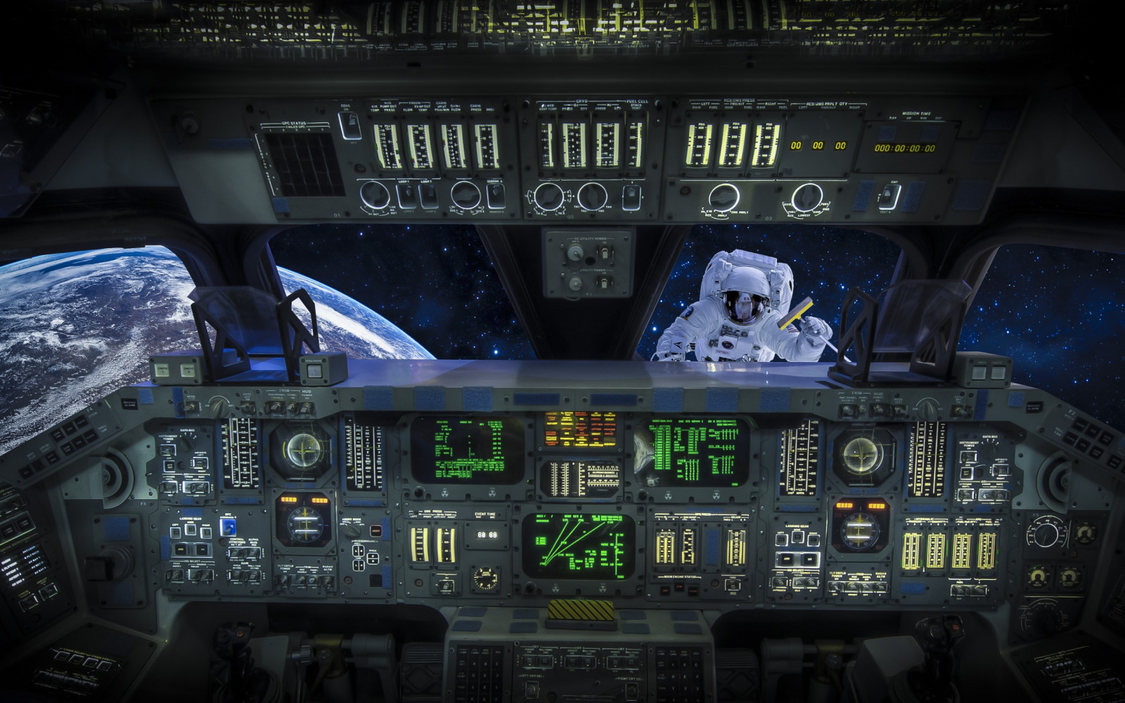 2560x1600 px, astronaut, cab, cockpit, cosmonaut, Earth, fi, mech, people, planets, reflection, sci, shuttle, situation, space, stars, tech, text, vehicles, window