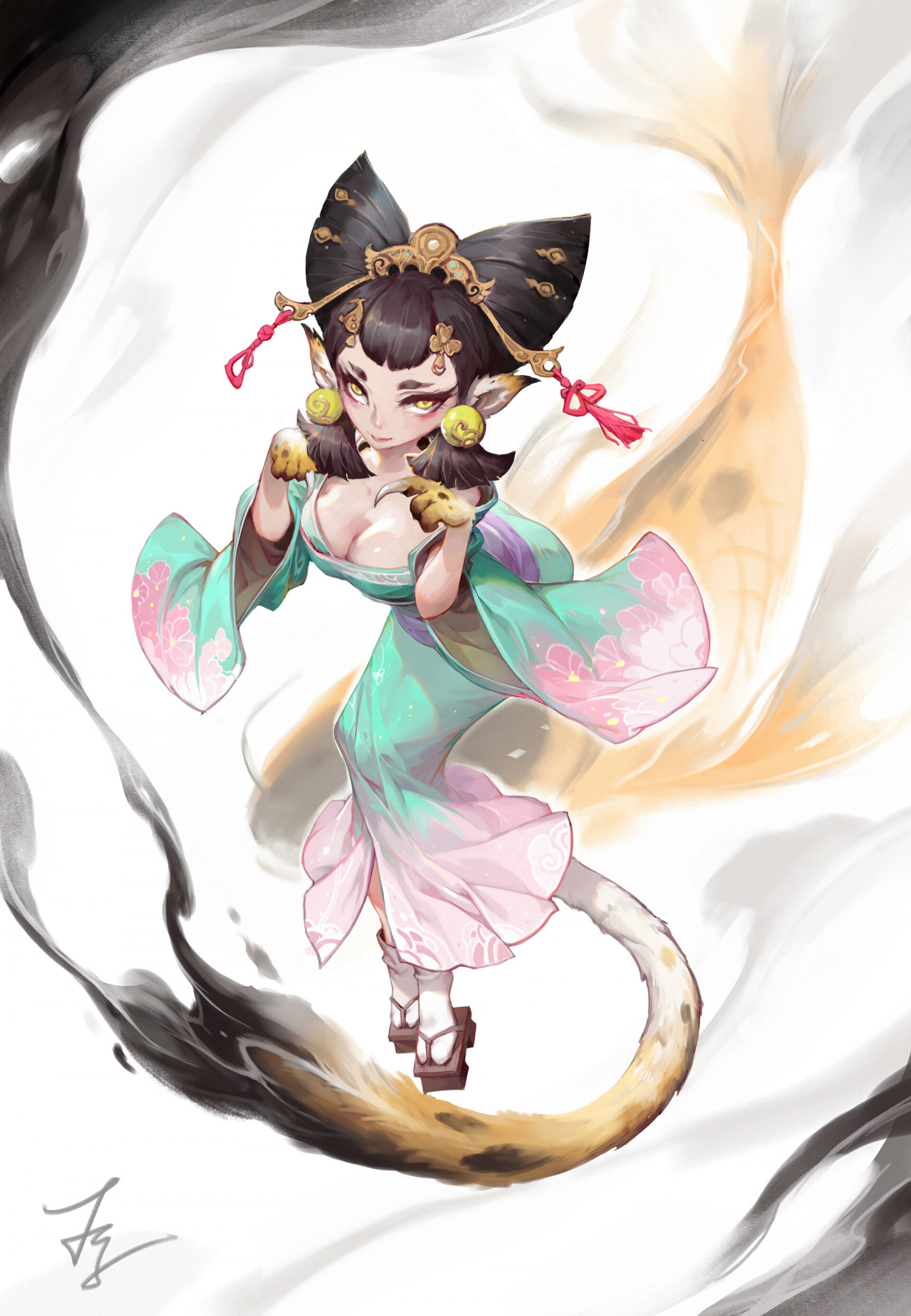 artwork, fantasy art, fantasy girl, women, boobs, cleavage, yellow eyes, glowing eyes, looking at viewer, claws, dress, brunette, animal ears