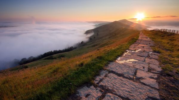 sunlight, landscape, sunset, sea, hill, rock
